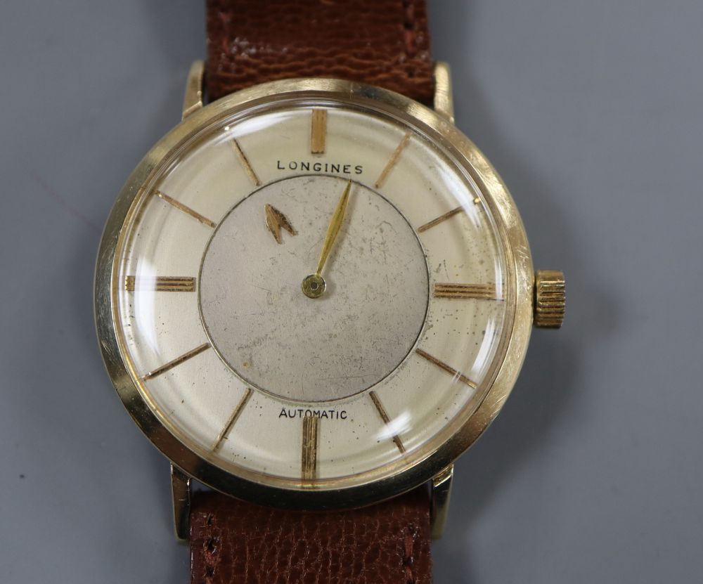 A gentlemans 18k gold filled Longines automatic mystery dial wrist watch, on later associated leather strap.